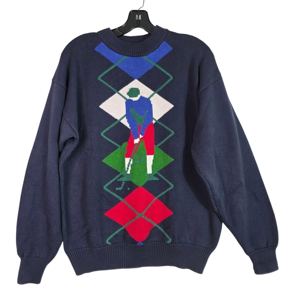 Jantzen vintage knitted argyle and golfer print crew neck sweater